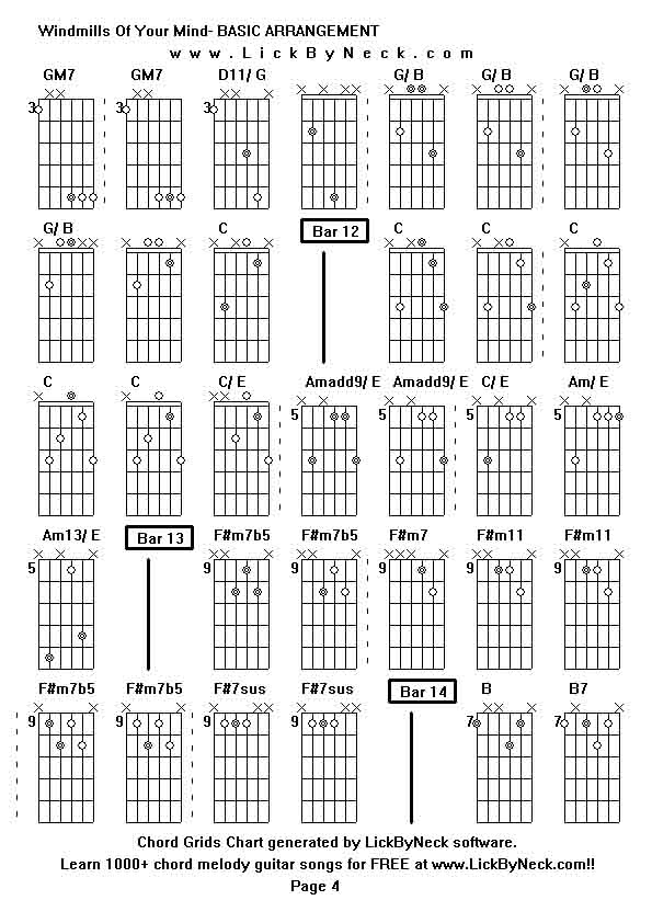 Chord Grids Chart of chord melody fingerstyle guitar song-Windmills Of Your Mind- BASIC ARRANGEMENT,generated by LickByNeck software.